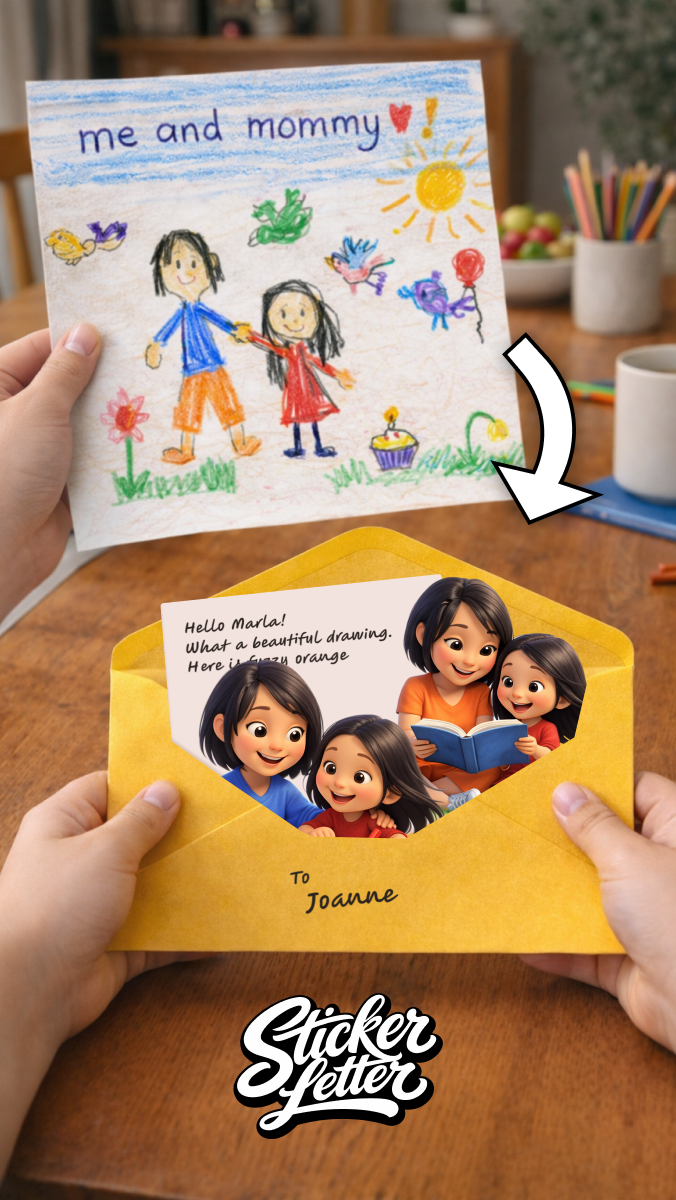 Custom Kid's Drawing Sticker + Story Letter
