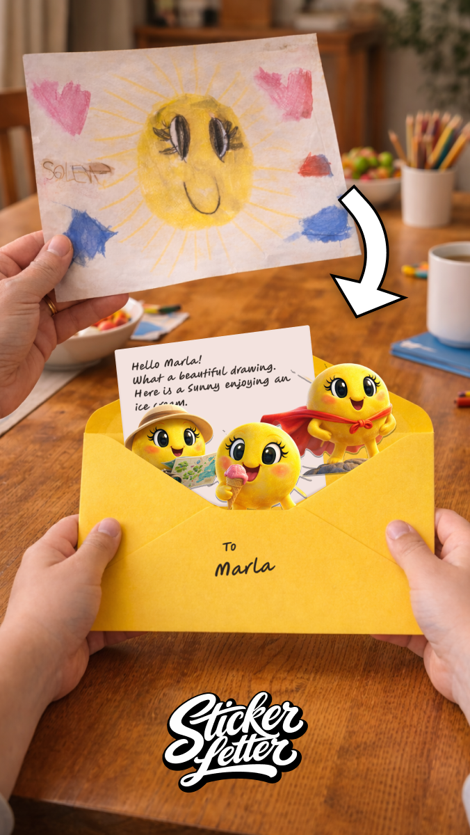 Custom Kid's Drawing Sticker + Story Letter